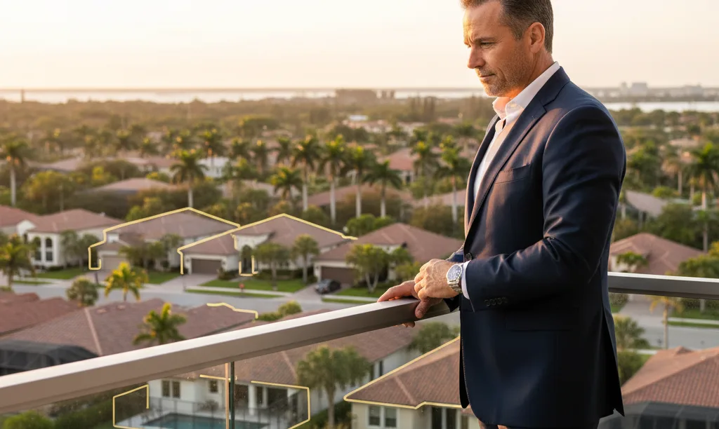 Investor on balcony overlooking Tampa property portfolio.