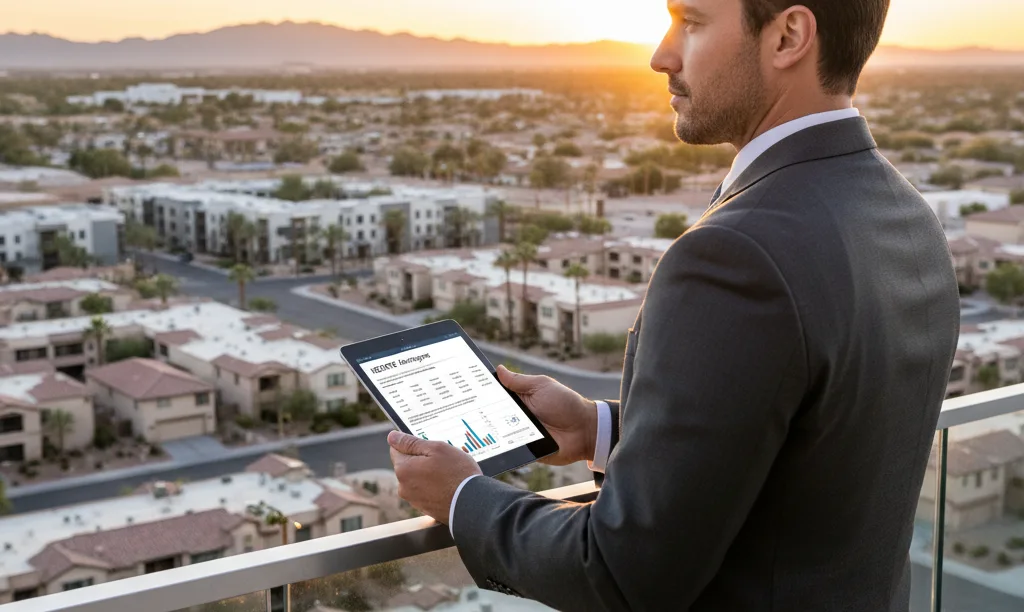 Investor with tablet overlooking Nevada residential properties.