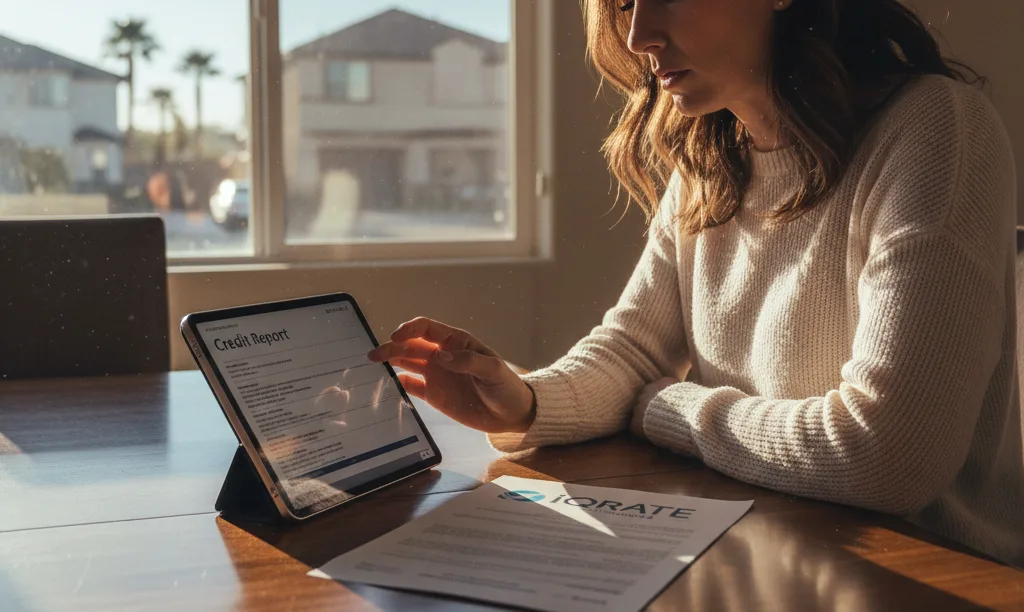 Woman anxiously reviews credit report near mortgage documents.