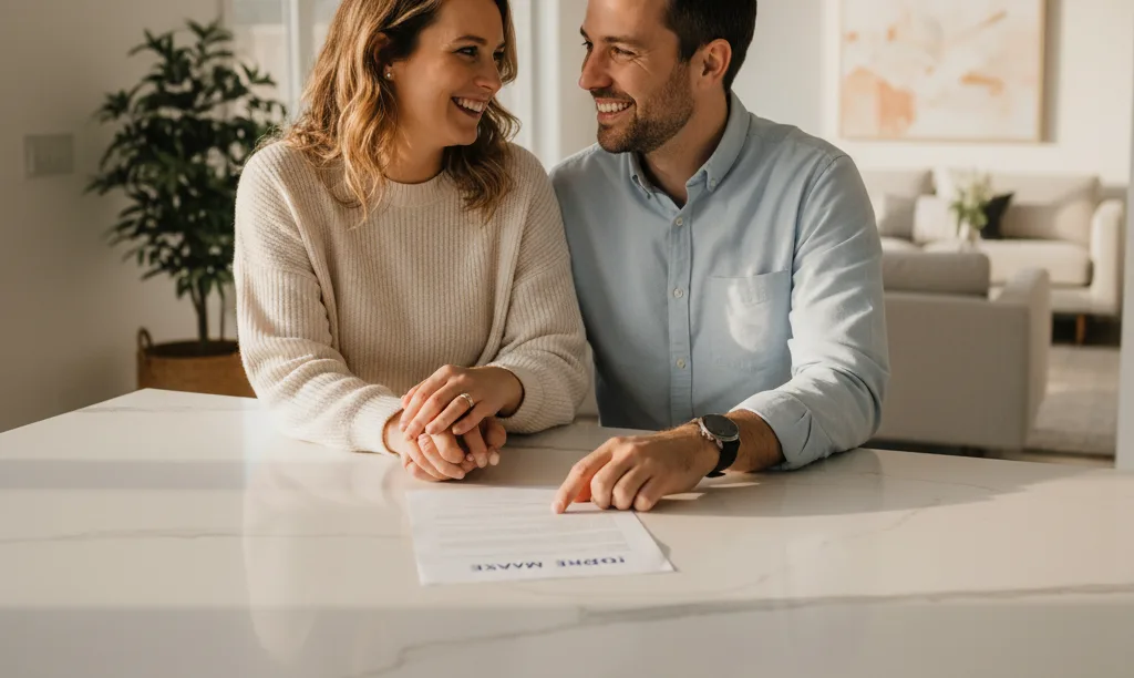 Couple reviews iQRATE Mortgages papers in new home.