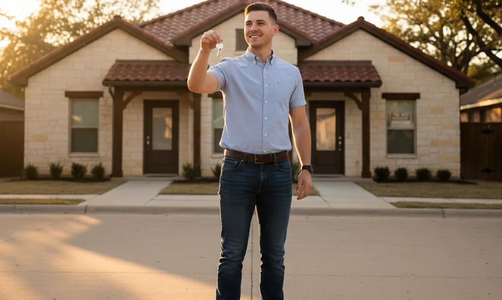 Veteran stands proud before his new duplex.