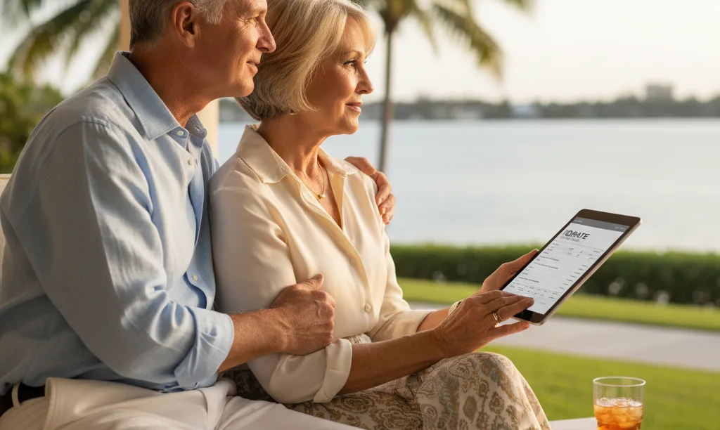 Confident retiree couple planning their future in Florida.