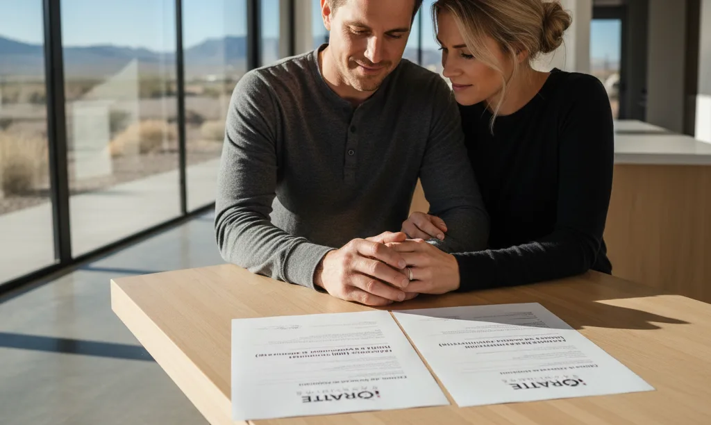 Couple comparing FHA and conventional loan documents.