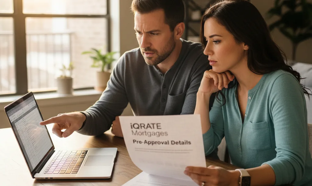 Couple reviewing iQRATE Mortgages documents with concern.