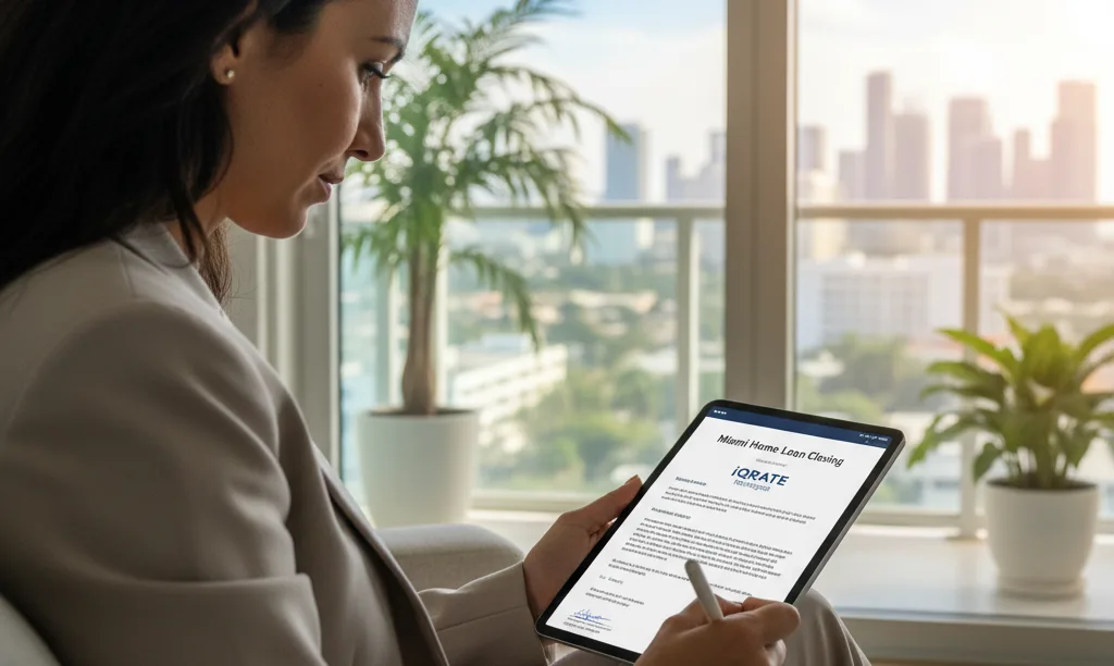 Foreign buyer remotely signing Miami mortgage documents online.