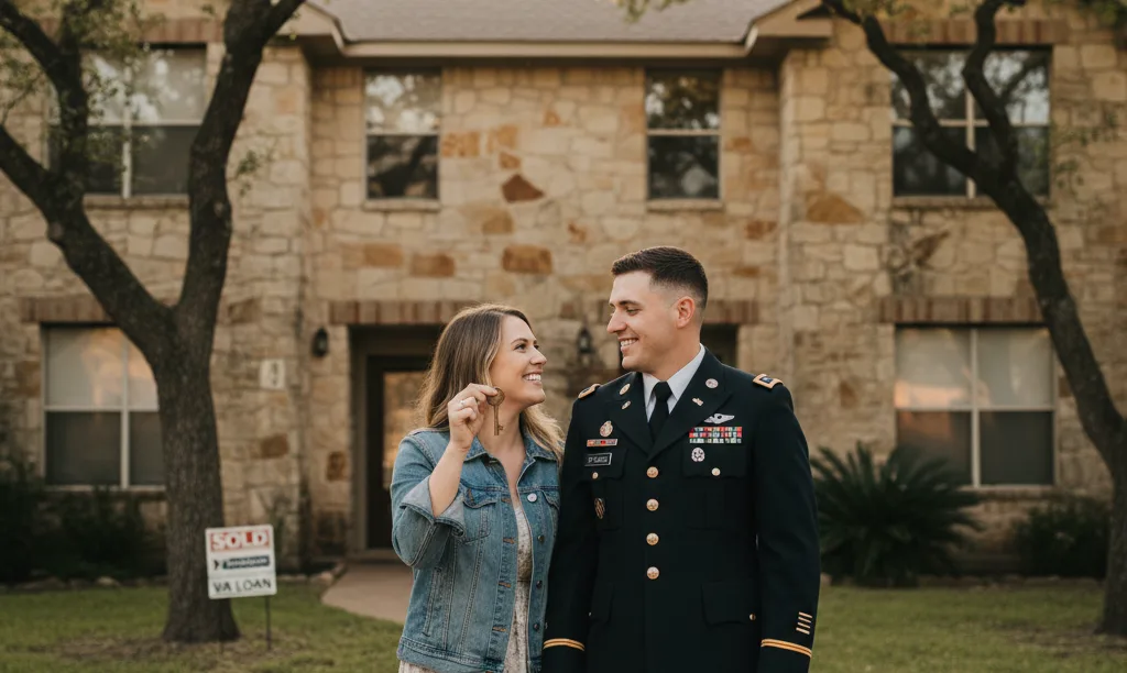 A military couple smiling outside their new Texas duplex.