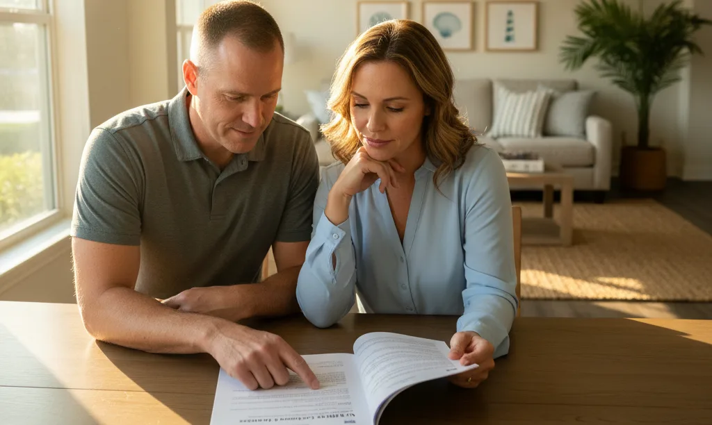 Couple discussing VA IRRRL savings with iQRATE Mortgages.