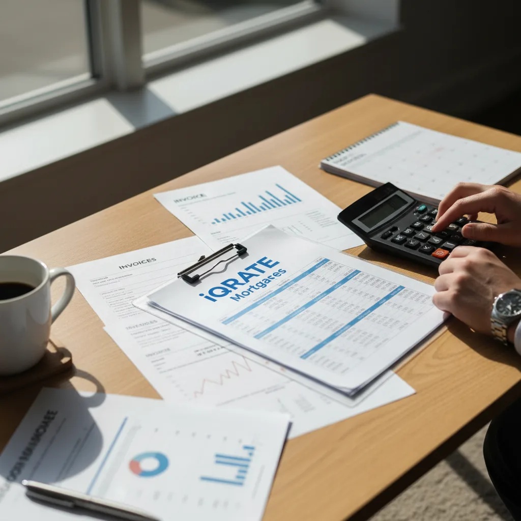 Consultant reviewing bank statements on a laptop for a mortgage application