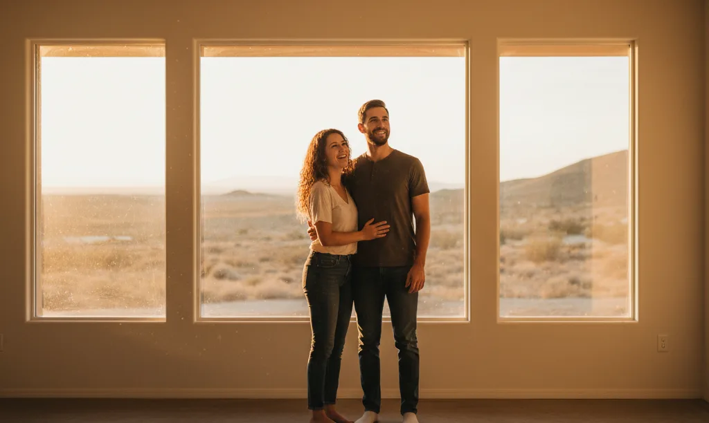Hopeful couple looking out window in new home.