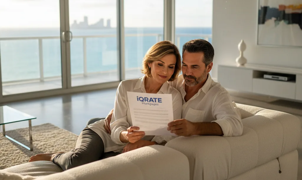 Couple reviewing iQRATE Mortgages jumbo loan summary.