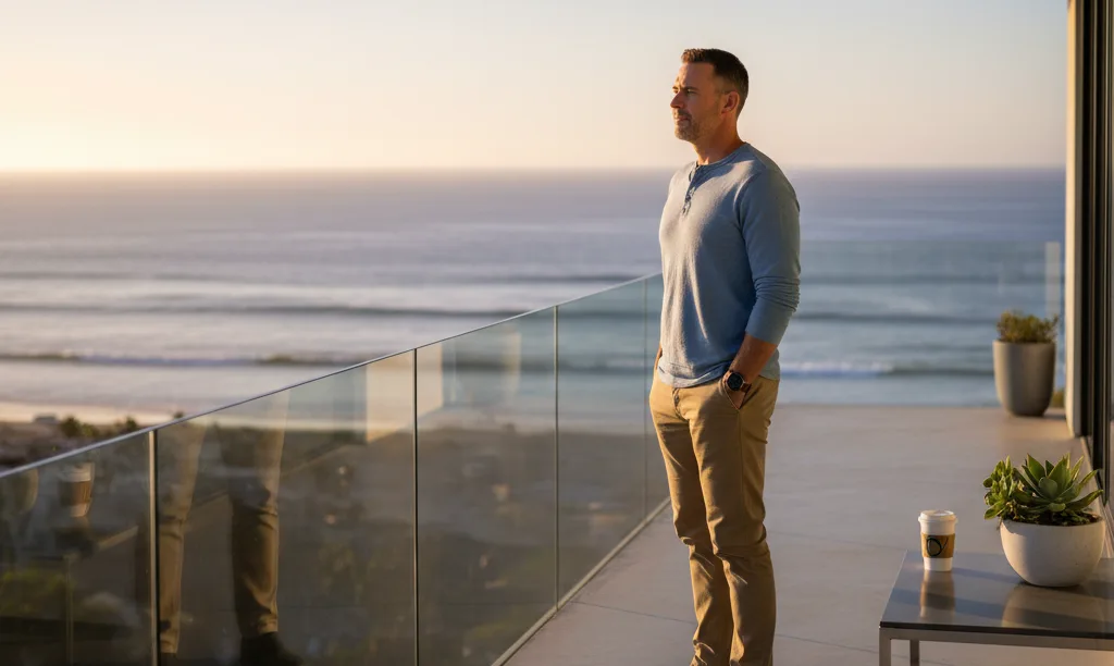 Veteran looks at Oceanside coast from home balcony.