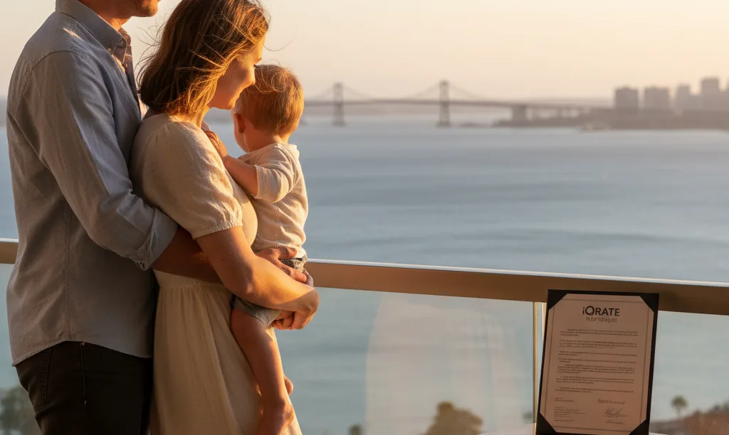 Military family enjoys San Diego view with iQRATE Mortgages document.