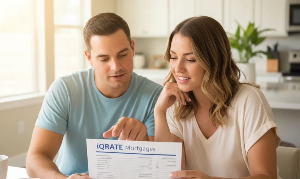A couple reviewing an iQRATE Mortgages document.