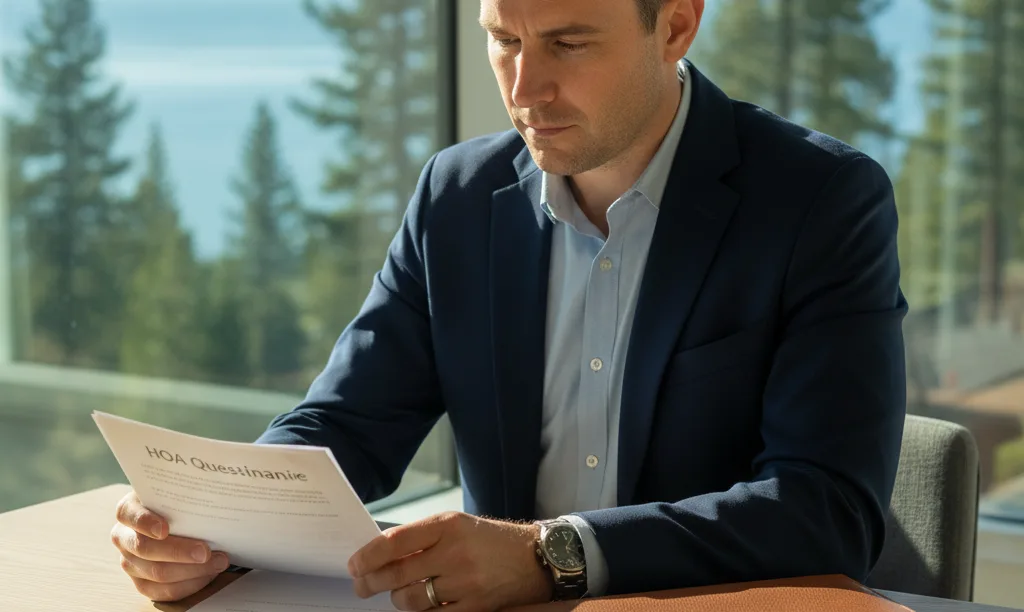 Investor reviewing HOA documents in a Nevada office.