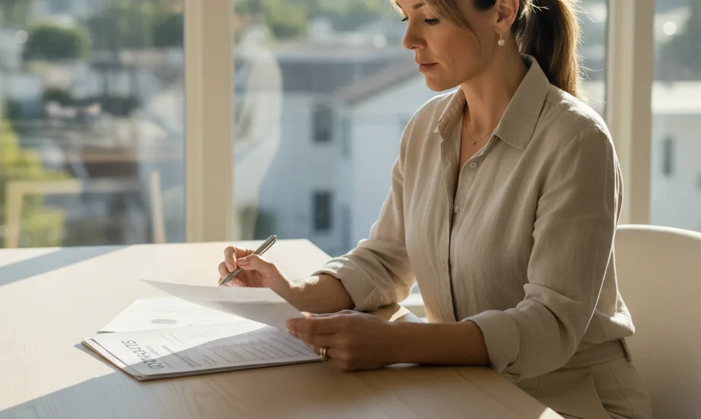S-Corp owner reviews mortgage documents in Los Angeles.