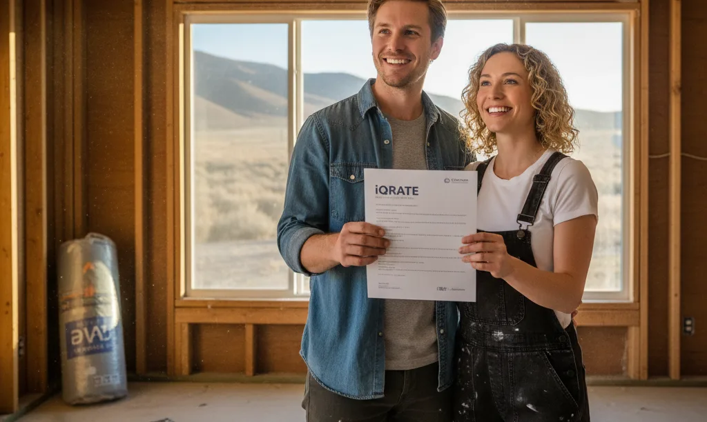 Couple reviewing iQRATE Mortgages plan in home under renovation.
