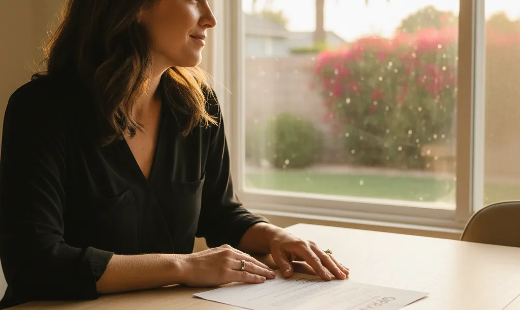 Woman reviewing iQRATE Mortgages document in sunny home.