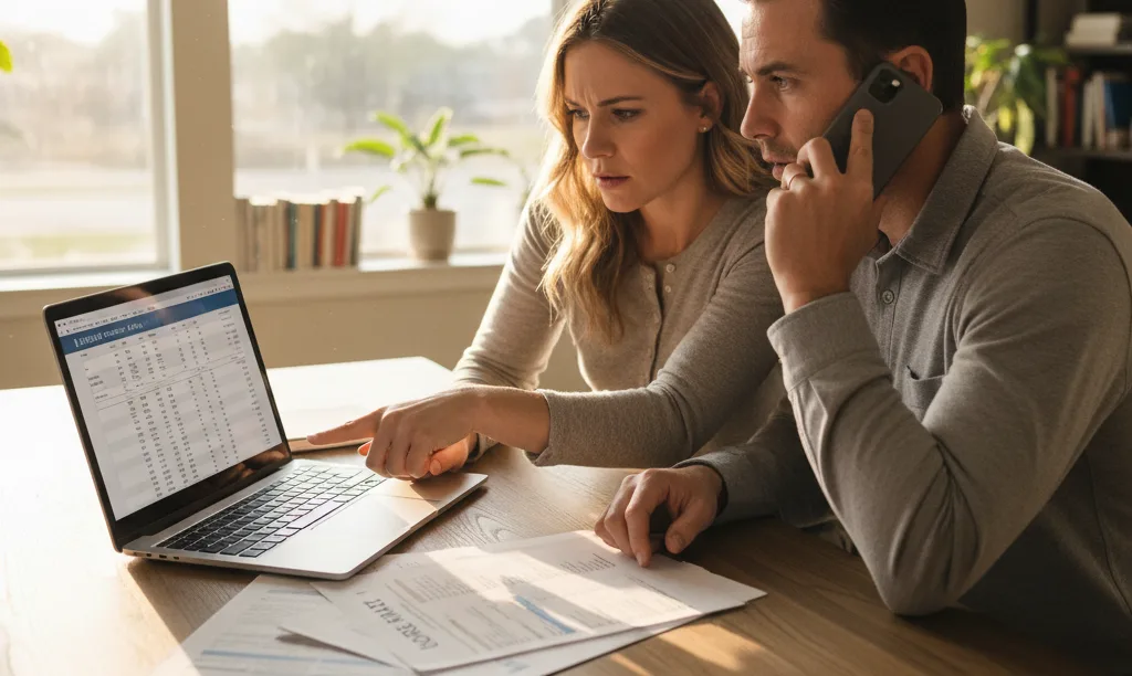 Couple in Dallas home reviewing mortgage documents.