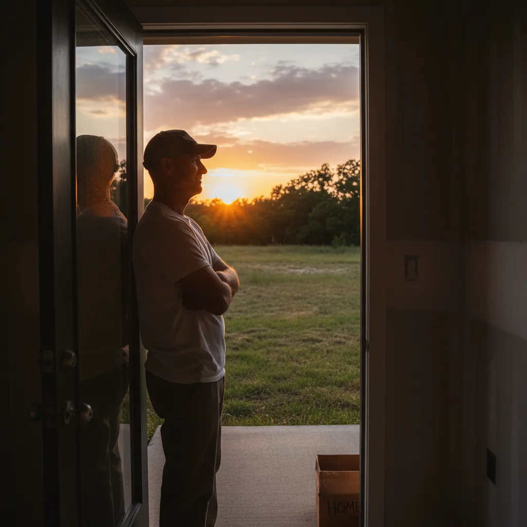 Veteran reviewing mortgage documents with property tax exemption benefits.