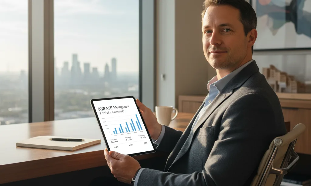 Investor reviews iQRATE Mortgages portfolio in office.