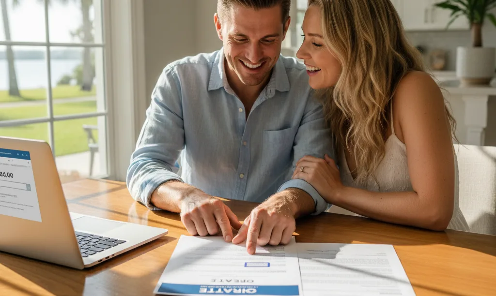 Couple reviewing iQRATE Mortgages approval in Florida home.