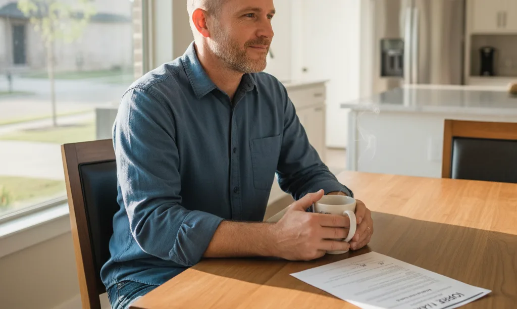 Veteran at kitchen table with iQRATE Mortgages document.