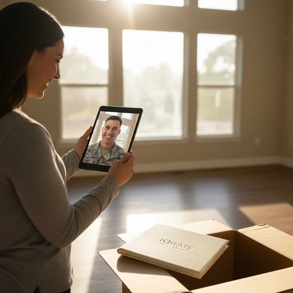 Military service member reviewing VA loan documents for a Texas home purchase.