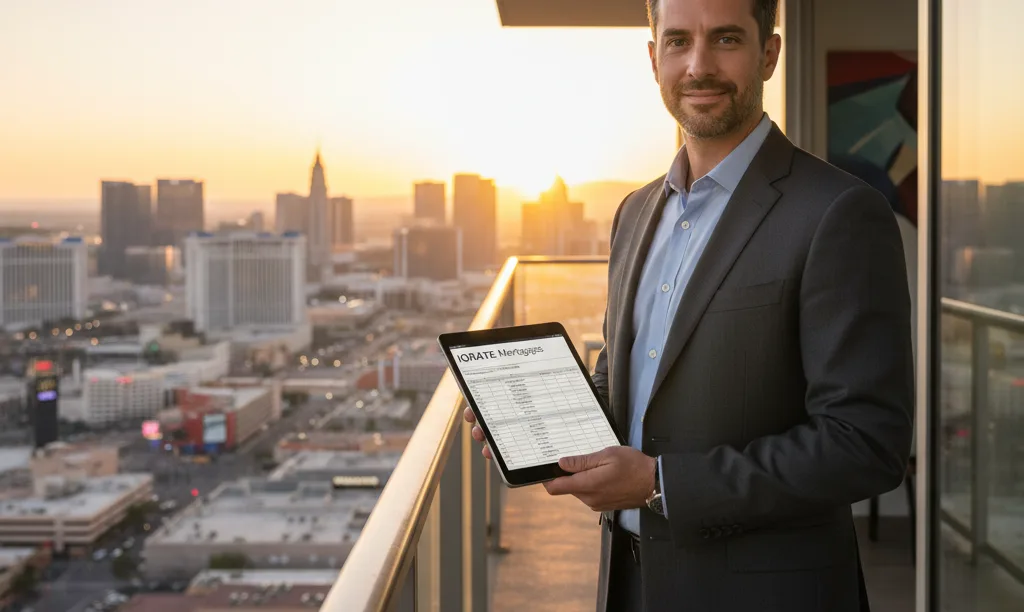 Investor reviews portfolio loan on Las Vegas balcony.