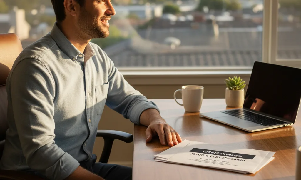 Confident freelancer at desk with iQRATE Mortgages documents.