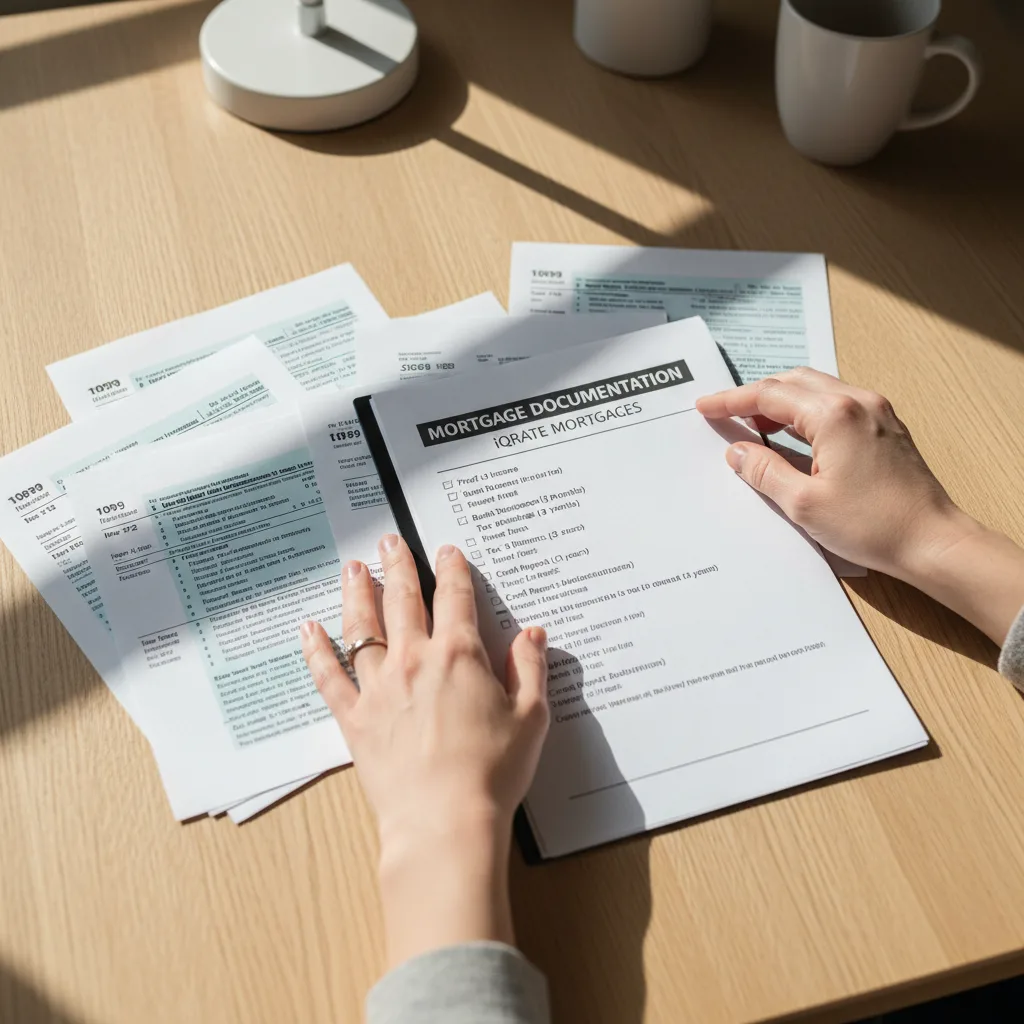 A person organizing financial documents for a mortgage application.