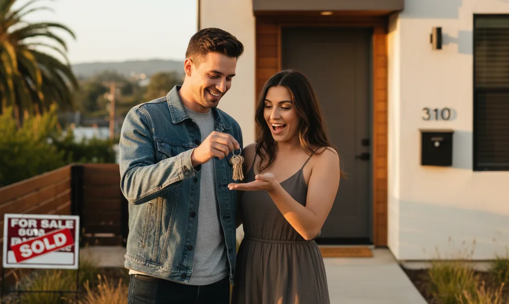 A couple joyfully holding keys outside their duplex.