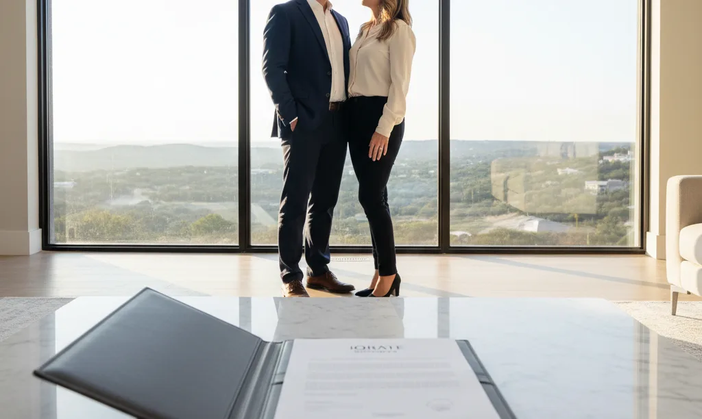 Couple in a luxury Texas home with iQRATE Mortgages documents.