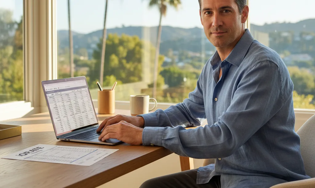 Entrepreneur reviews jumbo loan papers in home office.