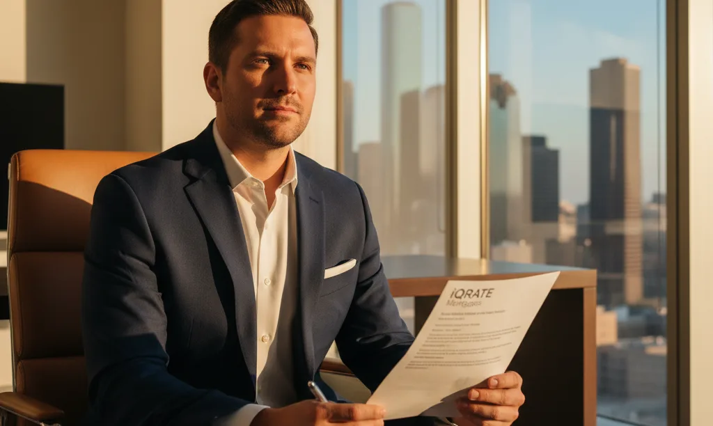 Foreign investor reviewing iQRATE Mortgages documents in Houston.