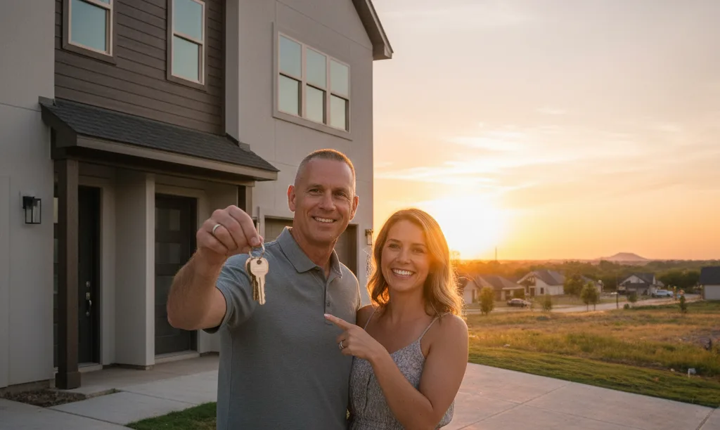 Veteran couple proudly standing outside their new duplex.