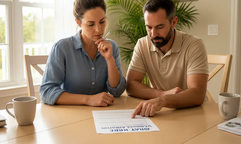 Couple in Florida home analyzing iQRATE Mortgages document.