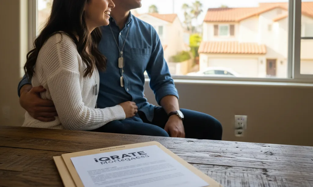 Military couple happily looking out their new home’s window.