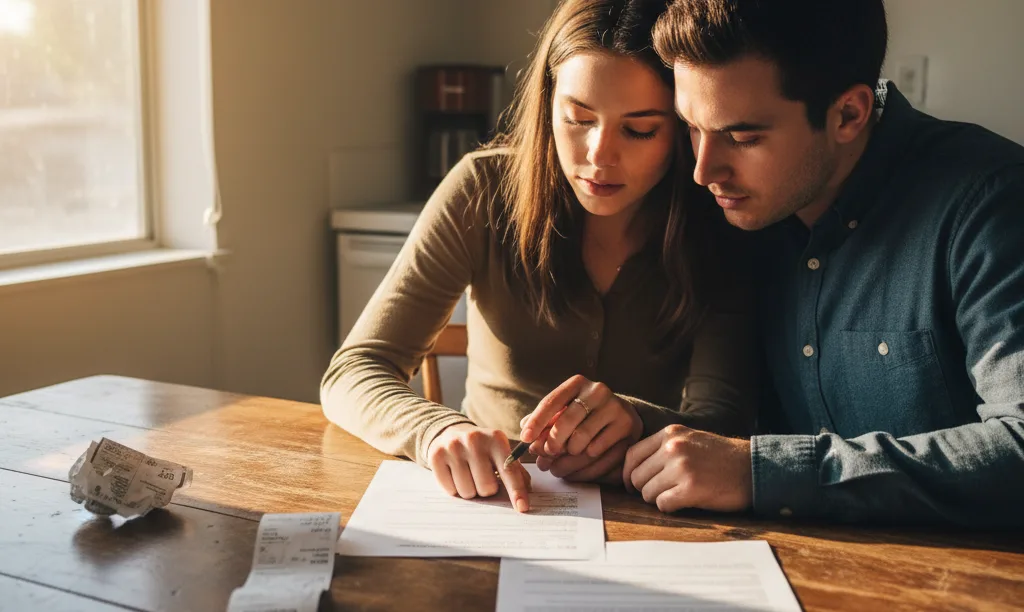 Couple at kitchen table reviewing iQRATE Mortgages paperwork.