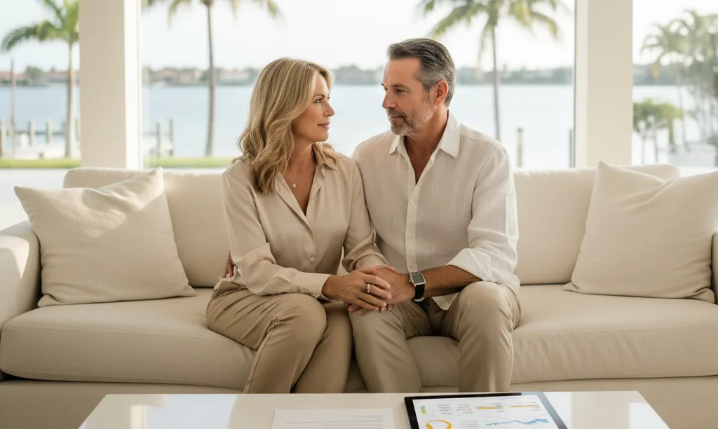Confident couple in luxury Florida home with iQRATE Mortgages document.