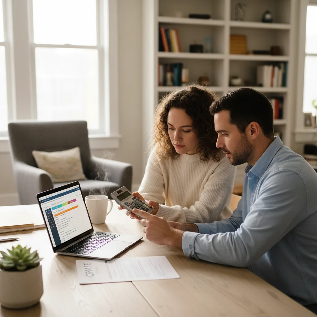 Couple reviewing their finances for a joint mortgage application.