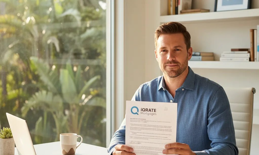Business owner confidently reviewing iQRATE Mortgages documents.