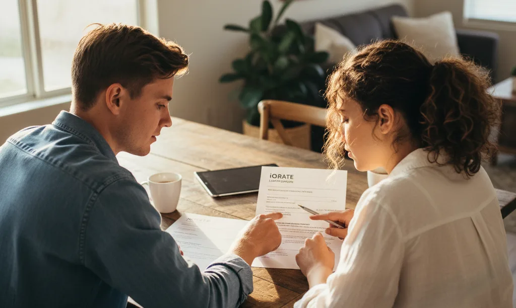 A couple comparing FHA and conventional loan documents.