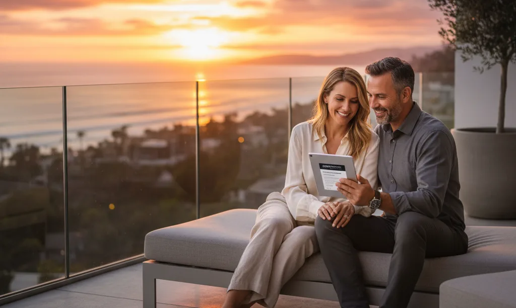 Couple celebrating their jumbo loan on a La Jolla balcony.