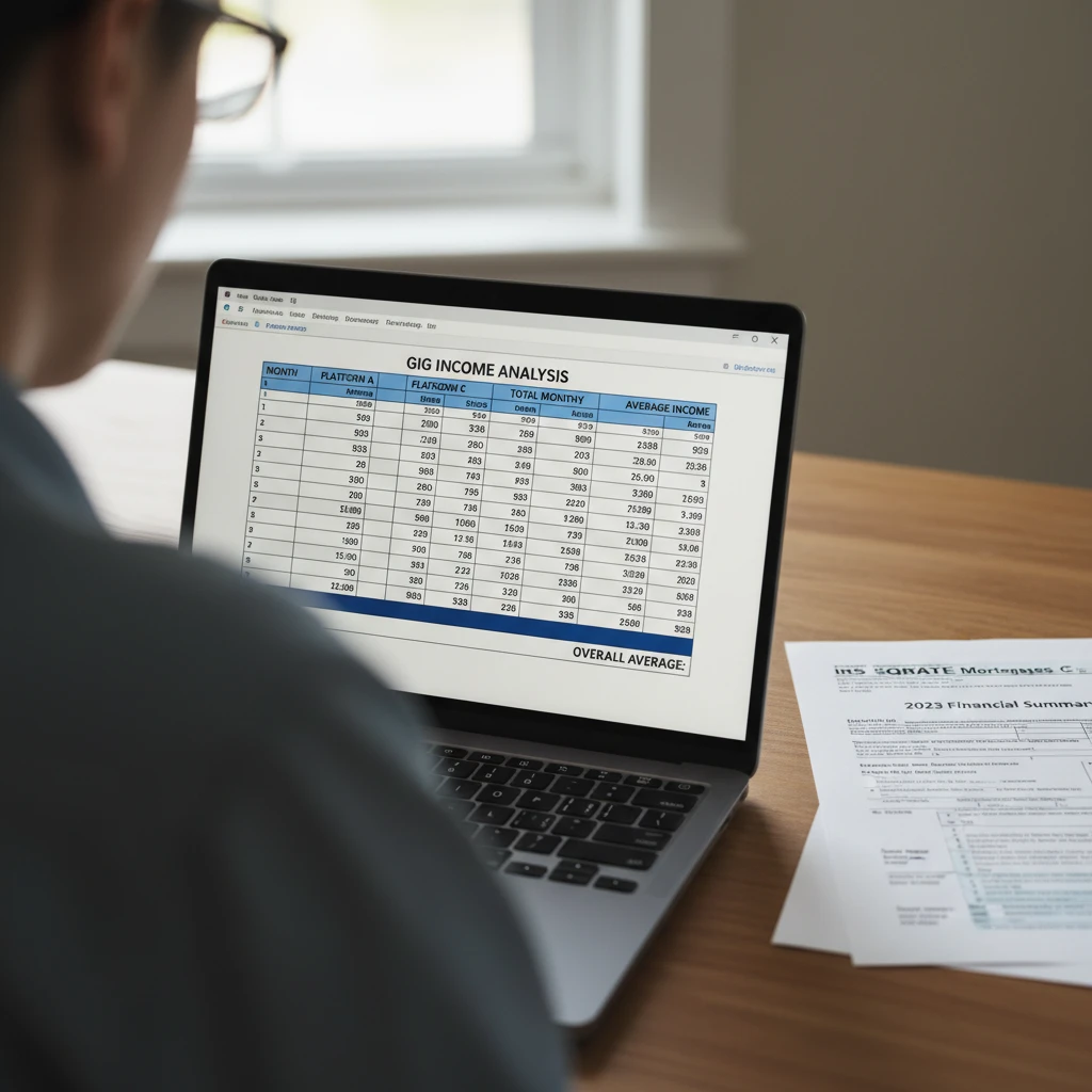 Financial documents like 1099s and tax returns laid out for a loan application.