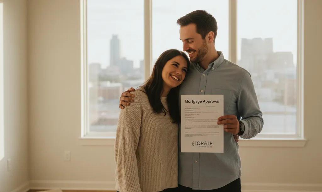 Couple smiling with iQRATE Mortgages approval letter.
