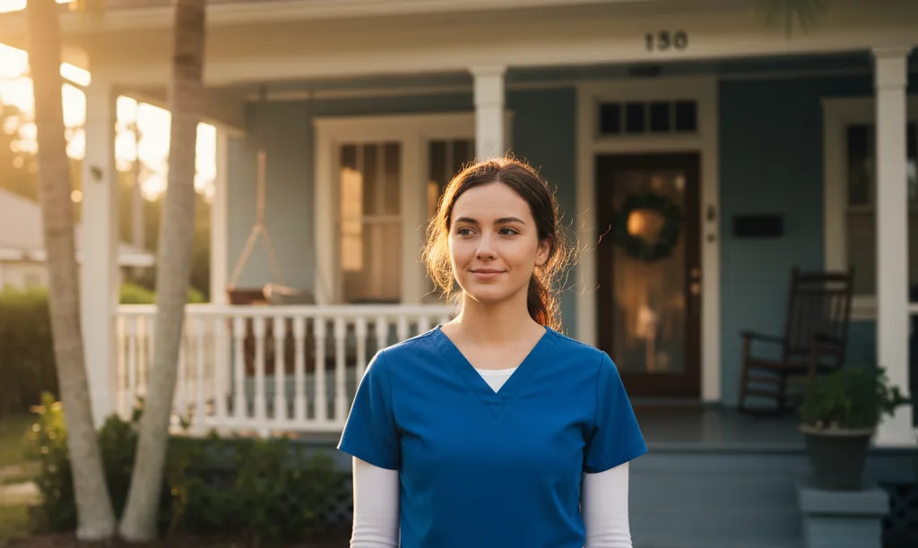 A hopeful nurse smiling outside her new Florida home.