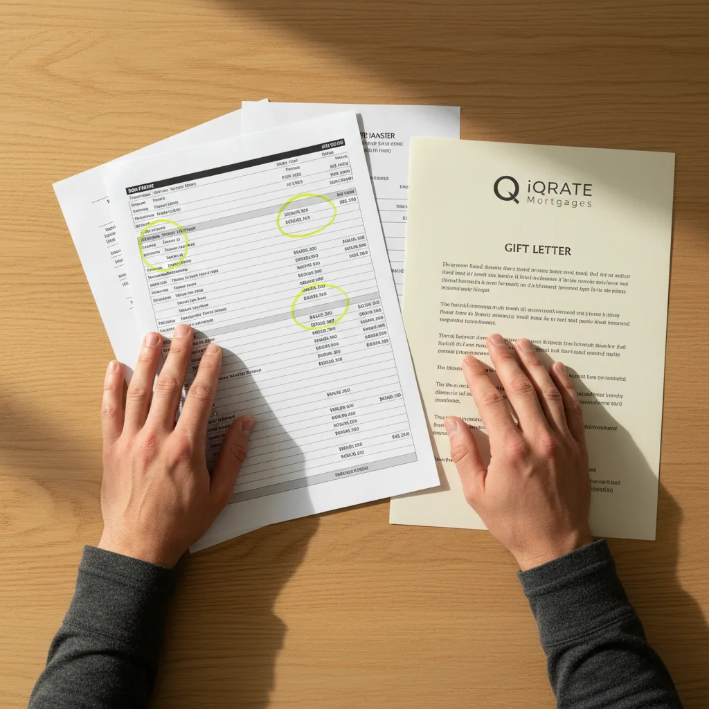 A person carefully organizing pay stubs and bank statements to create a clear paper trail for a mortgage lender.