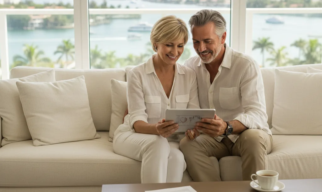 Couple in Miami home reviewing finances happily.