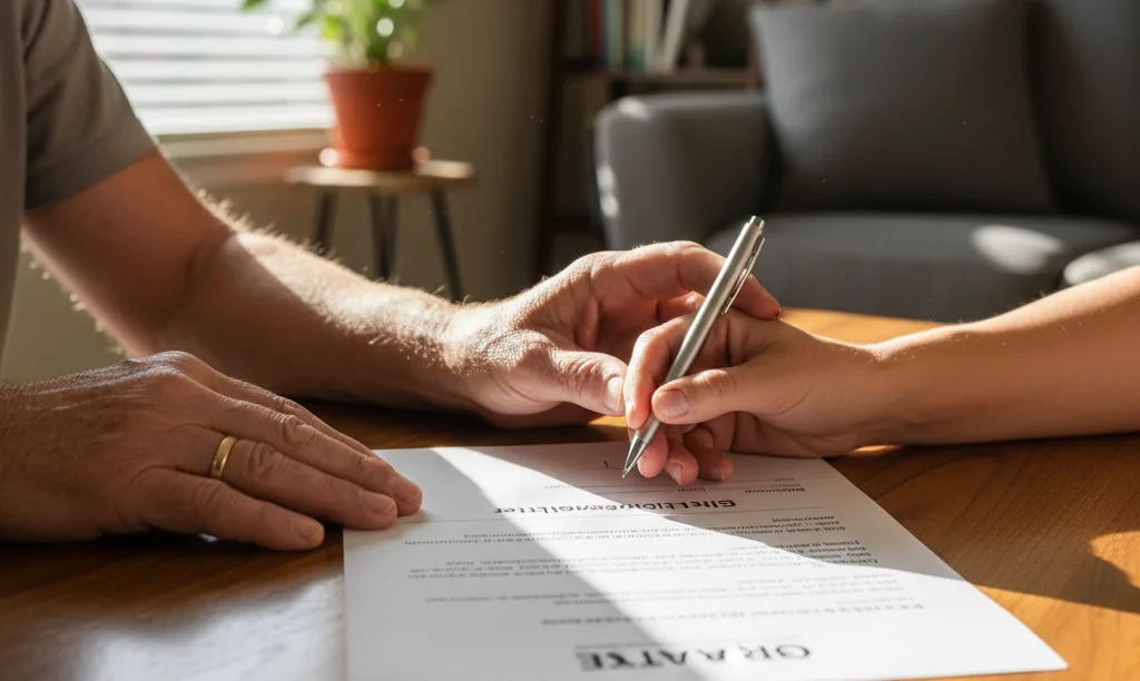 Parent helping child sign iQRATE Mortgages gift letter.