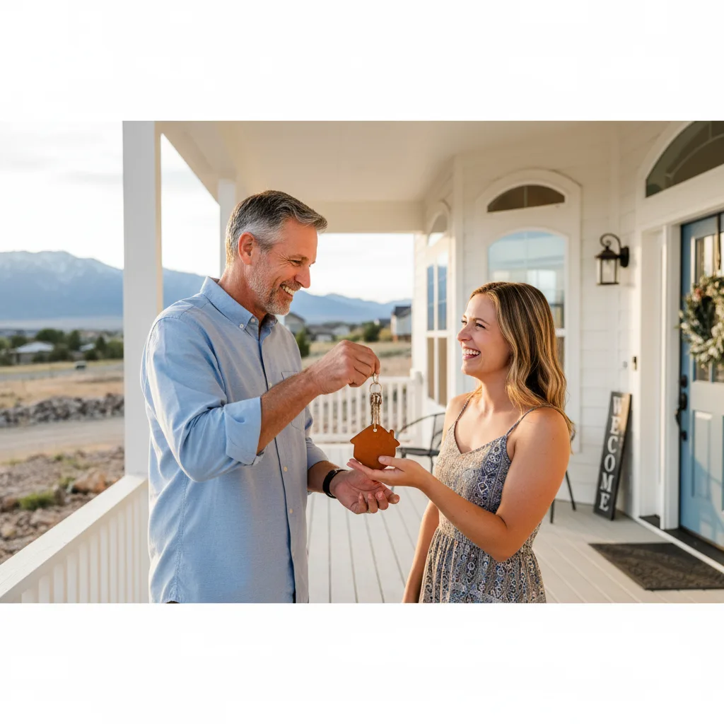 Family gifting keys to a new home to a young couple.